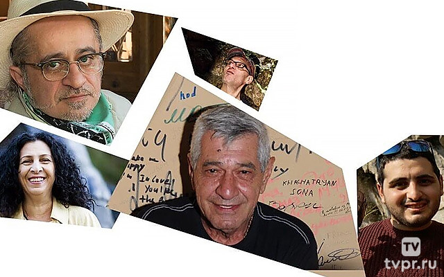 Шесть музыкантов на фоне города